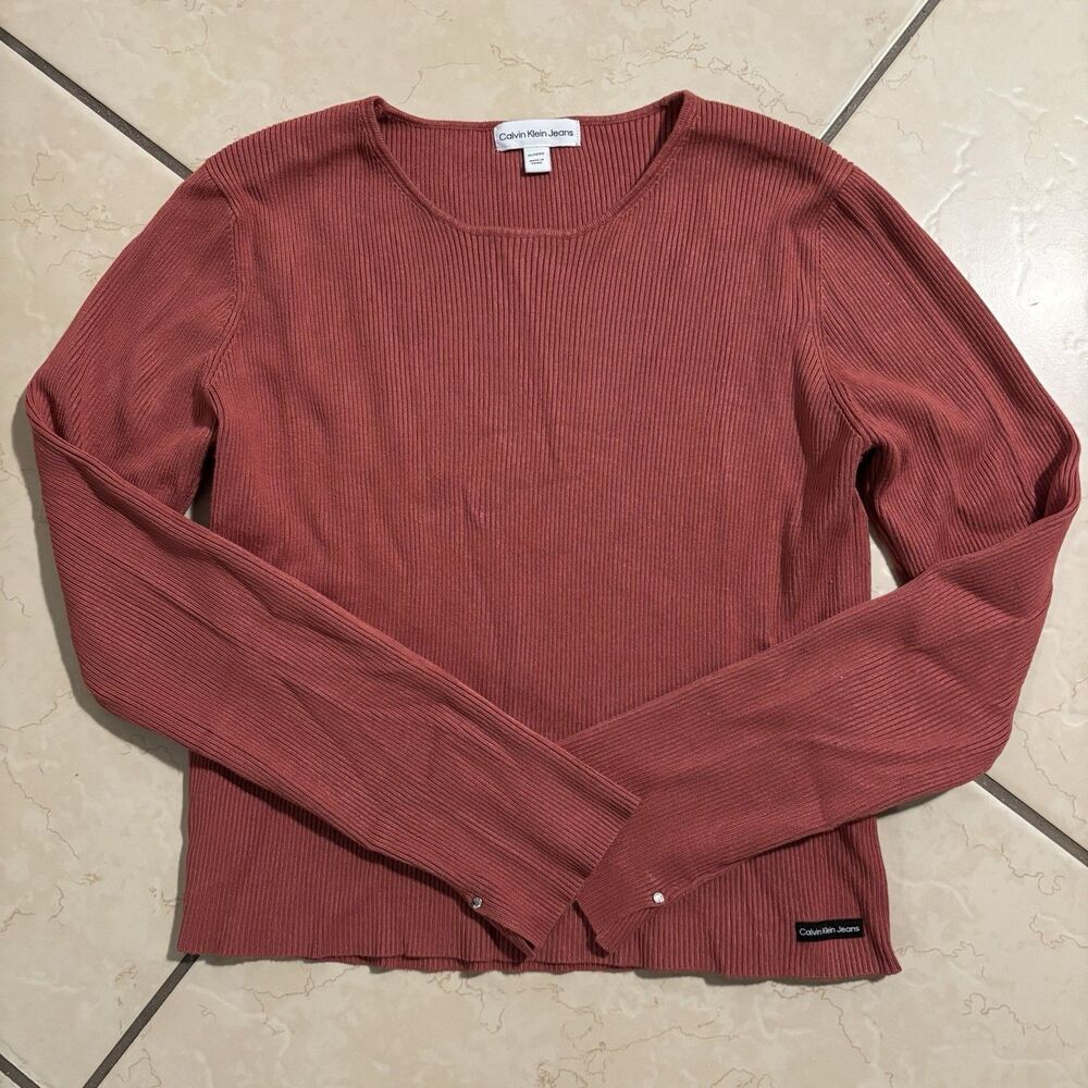 Calvin Klein Jeans Burnt Orange Ribbed Sweater Long Sleeve Knit Cozy Size XL